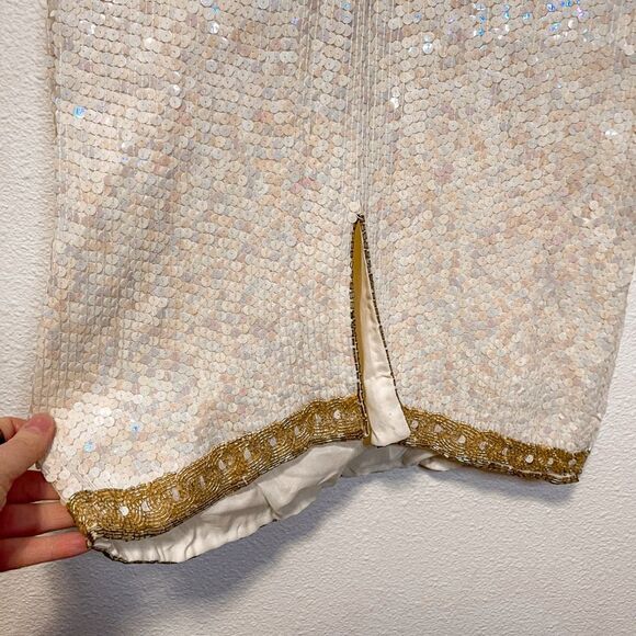 Vintage RARE Patra Iridescent Sequined White & Gold Beaded 100% Silk Dress Size - Picture 5 of 11